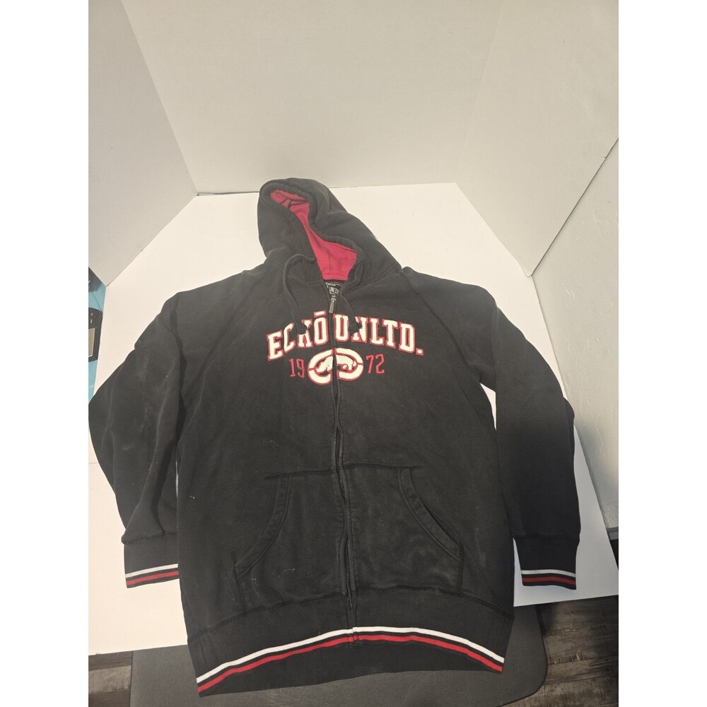 Ecko Unltd Hoodie Mens 2XL Black Red Full Zip Sweater Embroidered Y2K #261